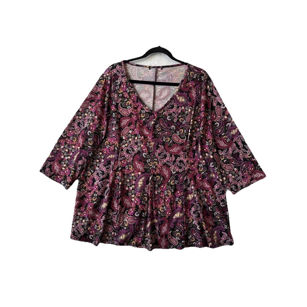 Roz & Ali‎ Paisley Print V Neck 3/4 Sleeve Tunic Top 3X Boho Chic Whimsigoth